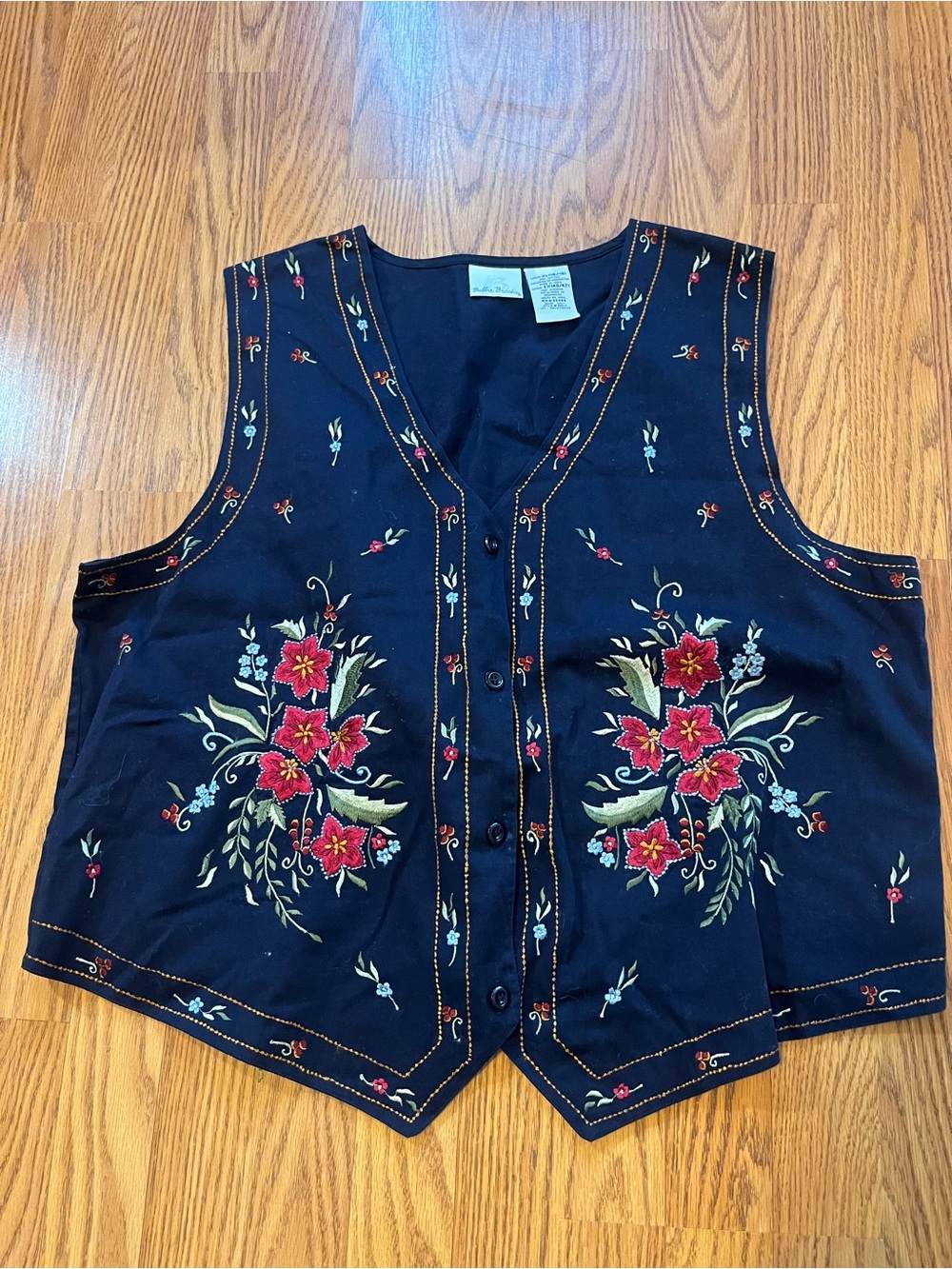 Vintage Bobbie Brooks Embroidered Floral Vest - Navy with Red Flowers size XL